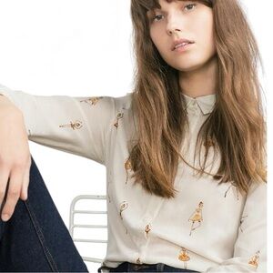 Zara Cream Ballerina Blouse with Tiny Black Bow Tie